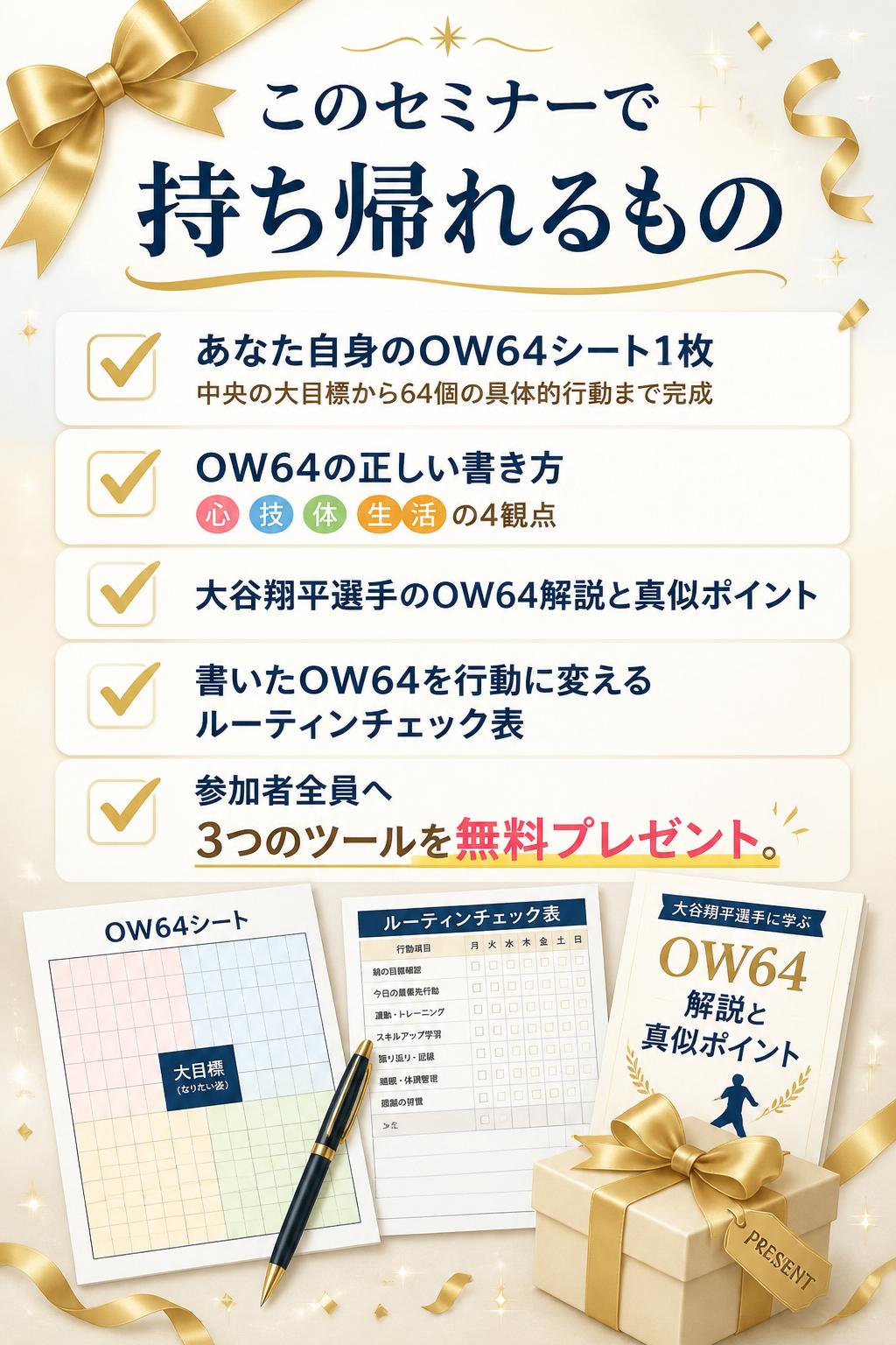 このセミナーで持ち帰れるもの あなた自身のOW64シート1枚（中央の大目標から、64個の具体的行動まで完成） OW64の正しい書き方（心・技・体・生活の4観点） 大谷翔平選手のOW64の解説と、書き方の真似ポイント 書いたOW64を「行動」に変える、原田メソッドのルーティンチェック表 参加者全員へ3つのツールを無料プレゼント