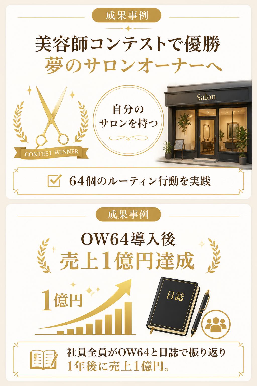 美容師コンテストで優勝、夢のサロンオーナーへ！ 中央マスに「自分のサロンを持つ」と書き、64個のルーティン行動を実践。固定客がつき、コンテストで優勝、夢の自分サロンをオープン。OW64導入後、売上1億円達成！ 脱サラしてインターネット関連会社を設立。社員全員にOW64を書かせ、日々の日誌で振り返りを徹底した結果、1年後に売上1億円を達成。