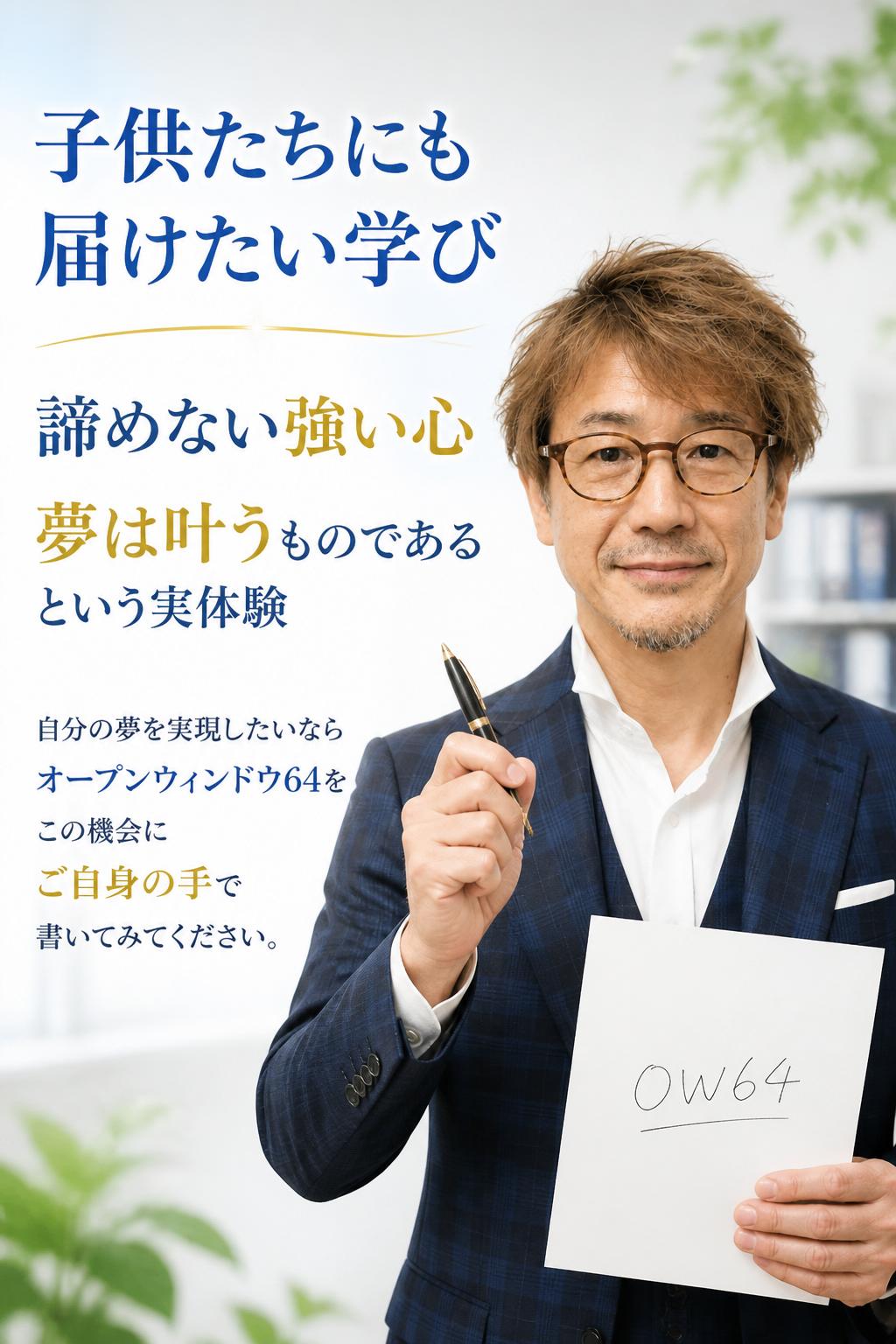 また、子供達にもこの学びを通じて、「諦めない強い心」「夢は叶うものである」という実体験を養ってもらいたいと考えています。もし、あなたが自身の夢を実現したいと思っているのであれば、大谷翔平選手が高校時代に書き、本当に夢を叶えてしまった「オープンウィンドウ64」を、ぜひこの機会にご自身の手で書いてみてください。