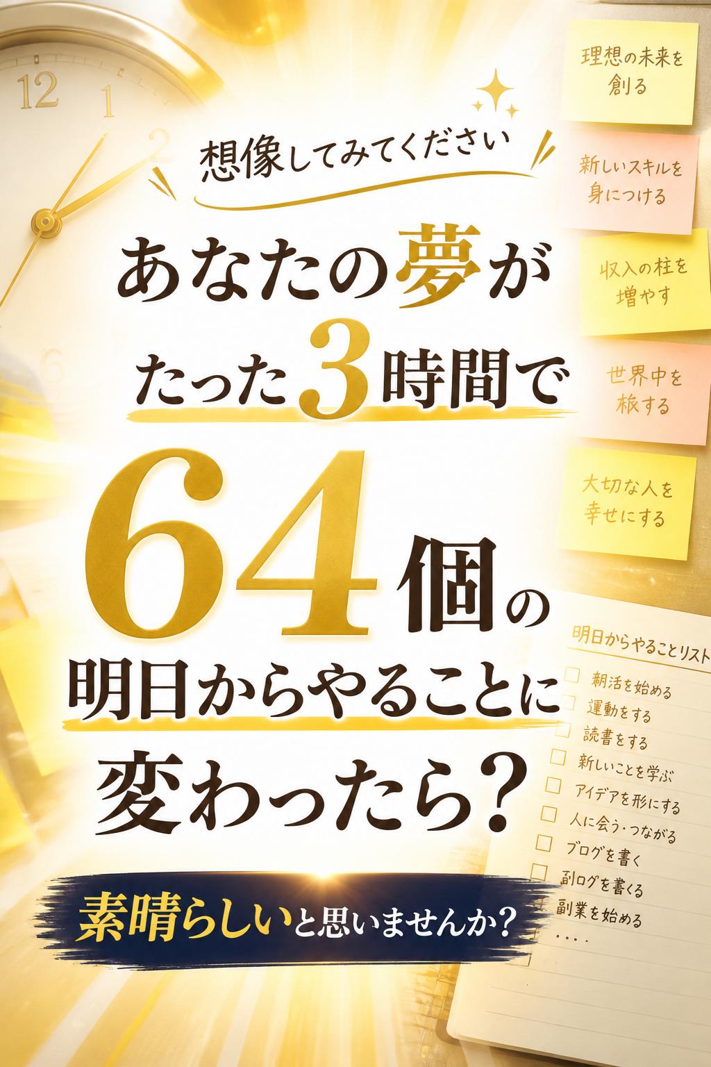 想像してみてください！あなたの夢が、たった3時間で64個の「明日からやること」に変わったらどうでしょう！素晴らしいと思いませんか？